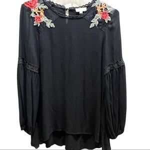 UMGEE Black High Low Hem Red Floral Embroidered  Sleeves Boho Tunic Top Sz S